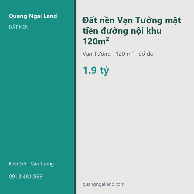 Đất nền Vạn Tường mặt tiền đường nội khu 120m² - Đất nền, Quảng Ngãi