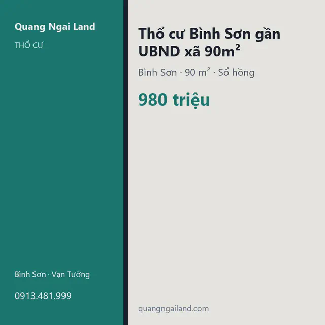 Thổ cư Bình Sơn gần UBND xã 90m² - Thổ cư, Quảng Ngãi