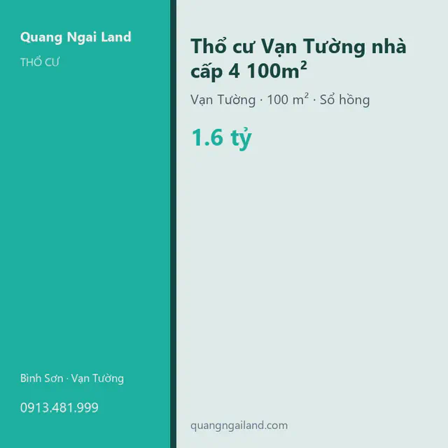 Thổ cư Vạn Tường nhà cấp 4 100m² - Thổ cư, Quảng Ngãi